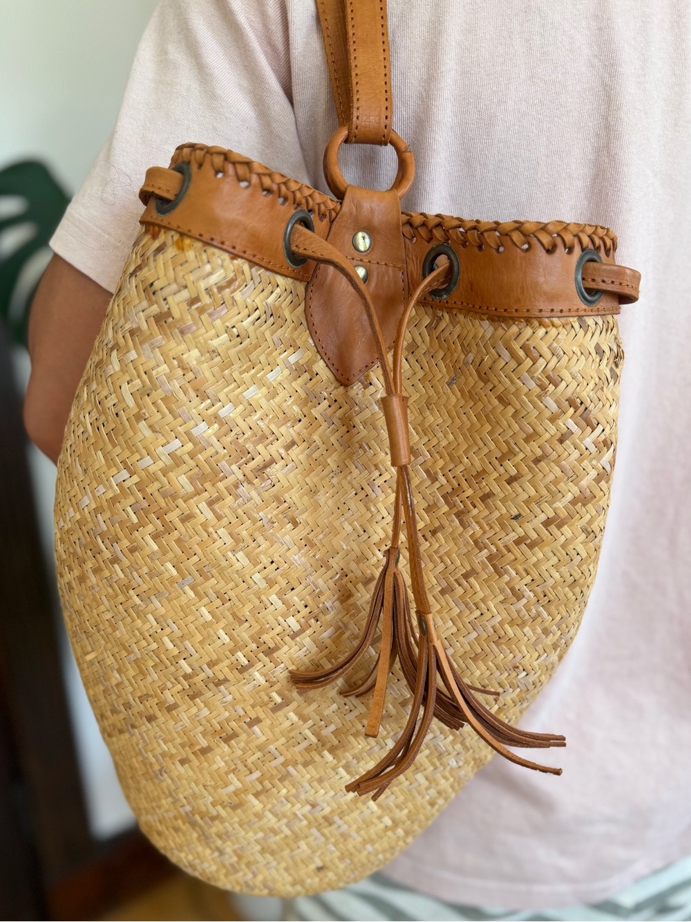 Street Leven Large Woven Straw Bucket Bag with Tan Real Leather Trim